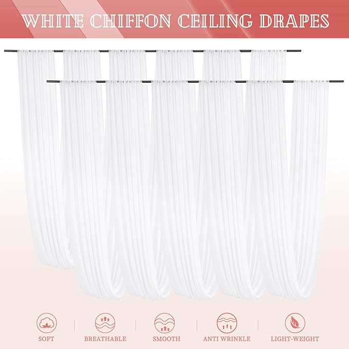 10 Panels White Ceiling Drapes for Wedding 5ftx40ft Sheer Drapery Chiffon Fabric Arch Draping Curtains for Party Ceremony Birthday Baby Shower Reception Stage Ceiling Decorations