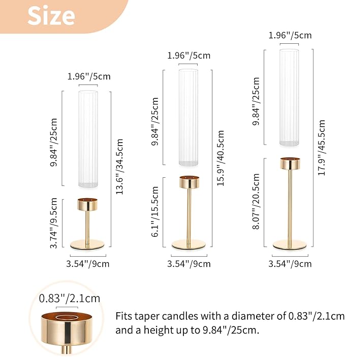 NUPTIO Tall Candlestick Holders for Centerpiece: Hurricane Candle Stick Holders with Ribbed Glass Sleeve - Gold Metal Candleholder Set of 3 for Table Fireplace Living Room Decor