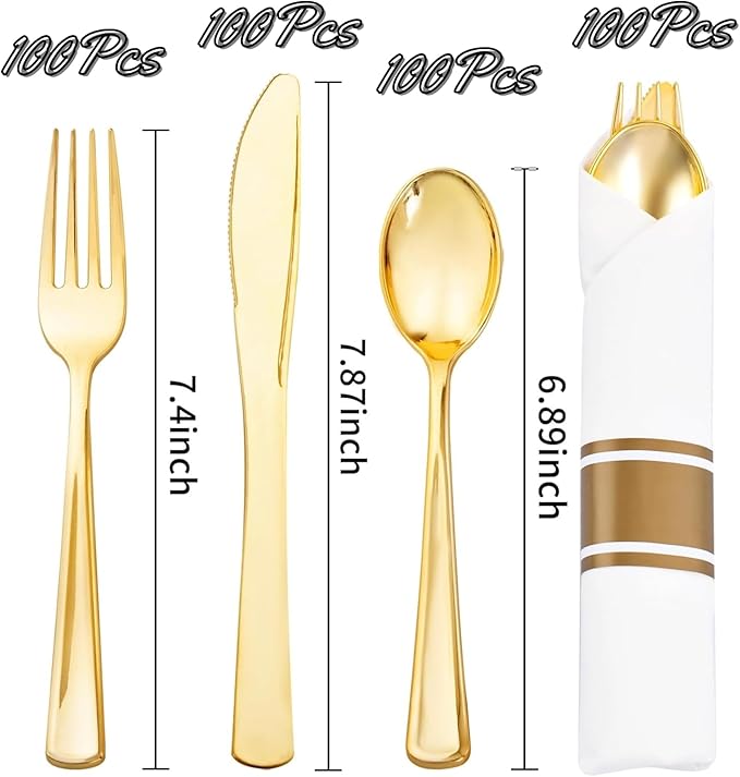 Spoons, Gold Plastic Disposable Cutlery Set with Napkins, 400 Pieces