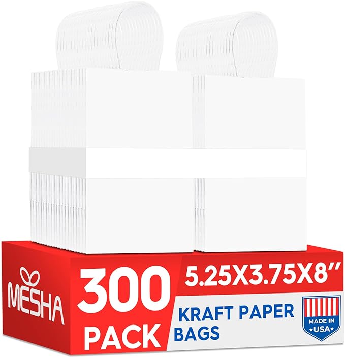 Gift Bags 300 Pack White Kraft Paper Bags with Handles, 8 Inch Tall