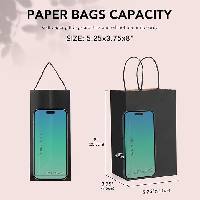METRONIC Kraft Paper Gift Bags with Handles 5.25x3.75x8 Inch 20000 Pack | Christmas, Birthday Party Favors, Retail Shopping, Small Business Bulk | Black Gift Wrap Bag