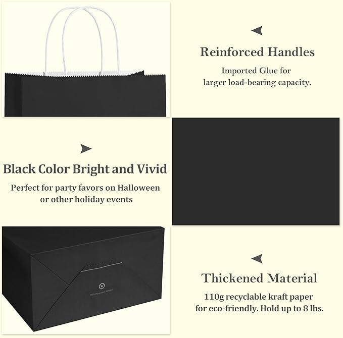 Gift Bags with Handles, 100 Count Black Paper, 8 x 4.25 x 10.5 Inches