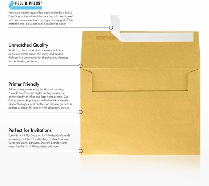 LUXPaper A7 Invitation Envelopes | Peel & Press | 5 1/4" x 7 1/4" | Gold Metallic | 80lb. Text | 250 Qty