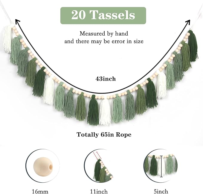 Tassel Garland, 20 Yarn Tassels, 65 Inch, Sage Green Boho Wall Decor