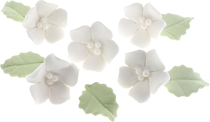 Edible Cake Toppers: 24 White Gumpaste Flowers and Leaves, Small Size