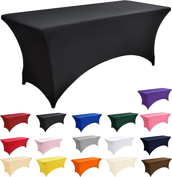 6-Pack 6ft Black Spandex Table Covers for Rectangle Standard Folding Tables - Wrinkle Resistant Stretch Tablecloths - Ultimate Fitted Table Protector for Parties, Trade Shows, Wedding