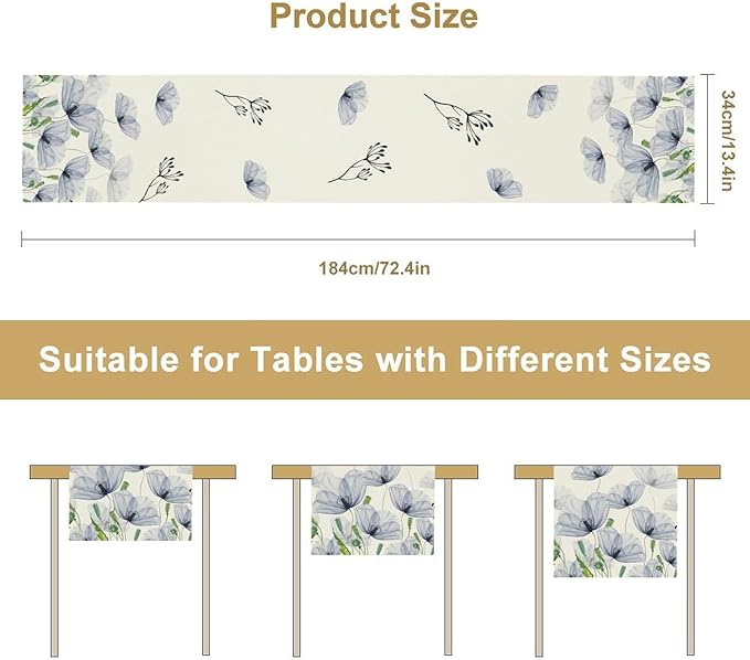 Watercolor Poppy Floral Table Runner, Abstract Seasonal Spring Summer Blue Purple Flower Kitchen Dinning Table Runner for Indoor Outdoor Home Wedding Party Holiday, 13x90 Inch