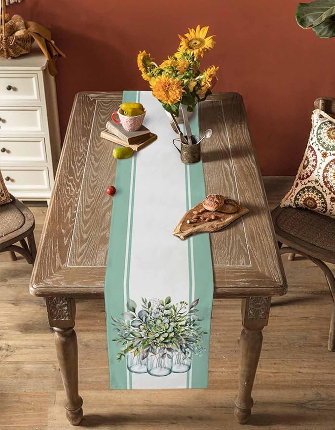 Eucalyptus Cotton Linen Table Runner for Dining Kitchen, Wedding Outdoor Party Tablerunners Decoration, Green Leaves Botanical Plants Watercolor Dresser Scarf Coffee Tablecloth Runners 13x48 Inches