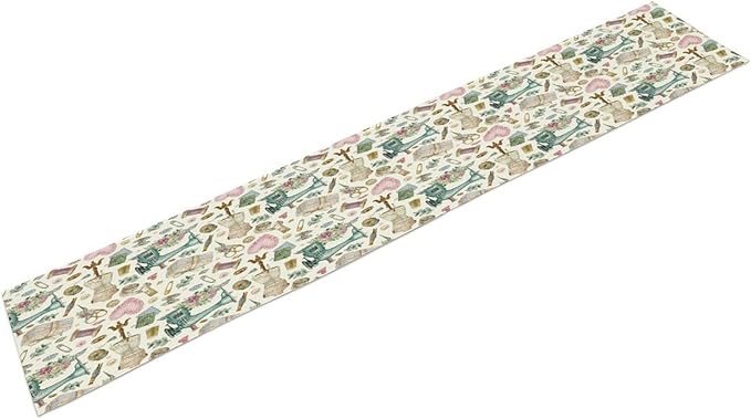 Sewing Theme Table Runner,Vintage Sewing Machine Tool Watercolor Pattern Print Tablecloth Burlap for Hotel Indoors Outdoor Dining Room Kitchen Home Decor,W13X L90 in