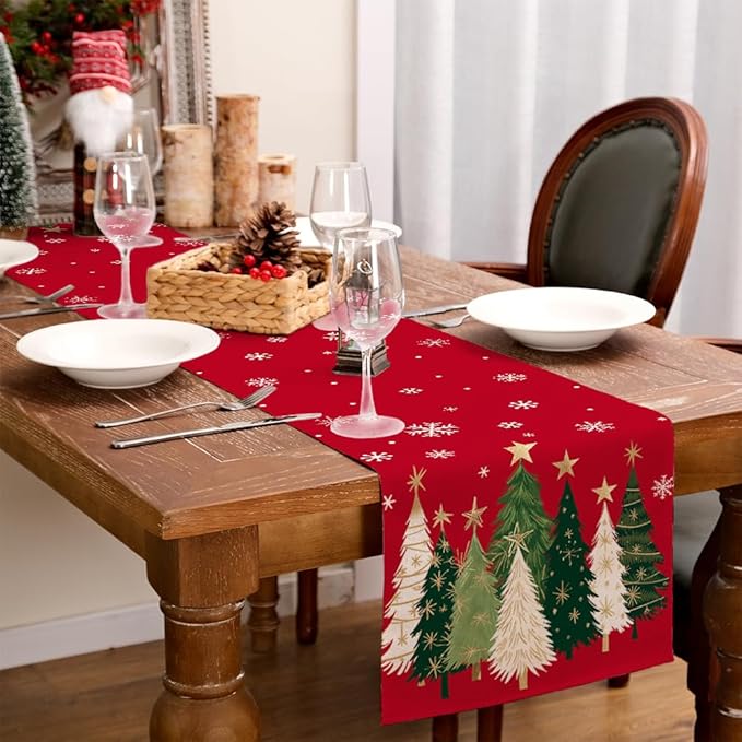GEEORY Christmas Table Runner 13x90 Inch, Xmas Trees Snowflakes Holiday Decorative Farmhouse Table Decoration for Kitchen Dinning, Indoor Outdoor Dinner Party Decor (Red) GT150-90