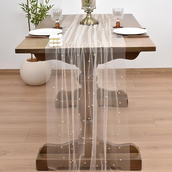 Joanlody Fall Pearl Table Runner 10ft Rustic Boho Tulle Table Runner with Pearls for Baby Shower Wedding Party Veil Dessert Thanksgiving Table Decor Champagne 4pcs