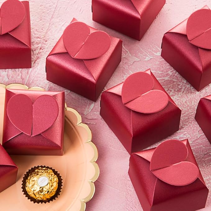 AWELL Burgundy Favor Box Bulk 2.5x2x2.5 inches with Heart Bow Party Favor Box,Burgundy,Pack of 50