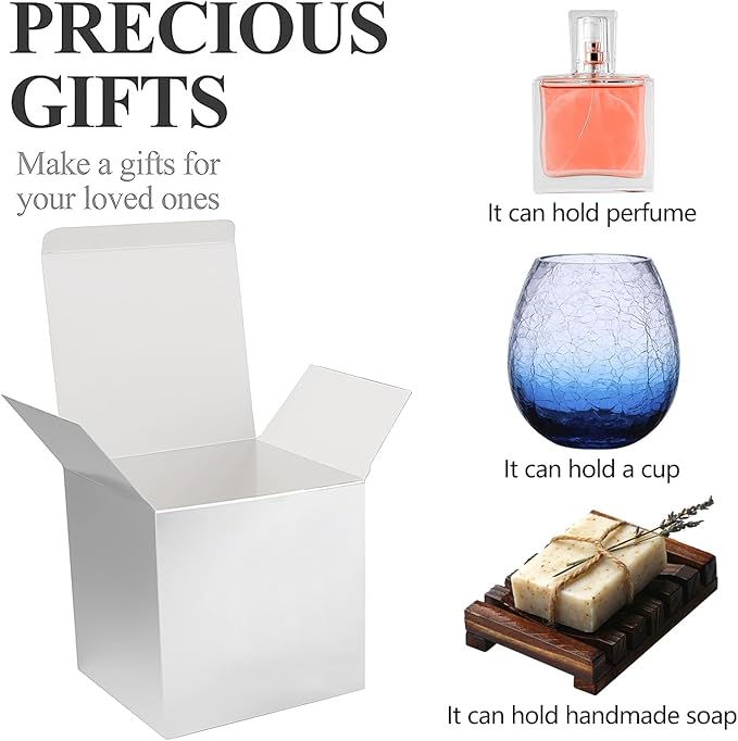 COTOPHER Small Gift Boxes 25 Pack 5x5x5 inches Silver Gift Boxes with Lids for Gifts, Crafting, Wedding Party Favor, Cupcake Boxes, Candy, Bridesmaids Proposal Box with Ribbons and Stickers