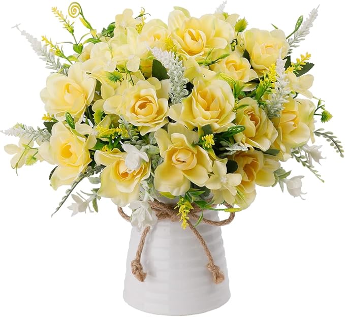 LESING Artificial Flowers with Vase for Table Centerpieces,Fake Silk Gardenia Flower in Vase Decoration for Home Office Party (Champagne)