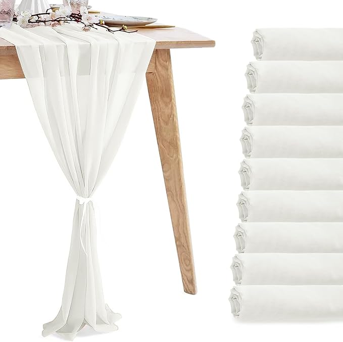 10 Pack 10ft White Chiffon Table Runners Wedding Table Runner Sheer Romantic Tulle Table Runner for Christmas Wedding Bridal Tea Party Baby Shower Birthday Party Table Decorations(120 x 12 in)