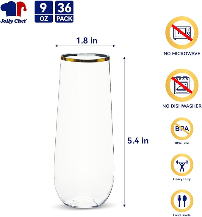 Stemware Set: 36 Gold-Rim Plastic Champagne Flutes, 9 Oz Each