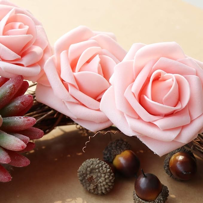 Artificial Flowers, 50 Pink Foam Roses with Wire Stems, 3-Inch Heads