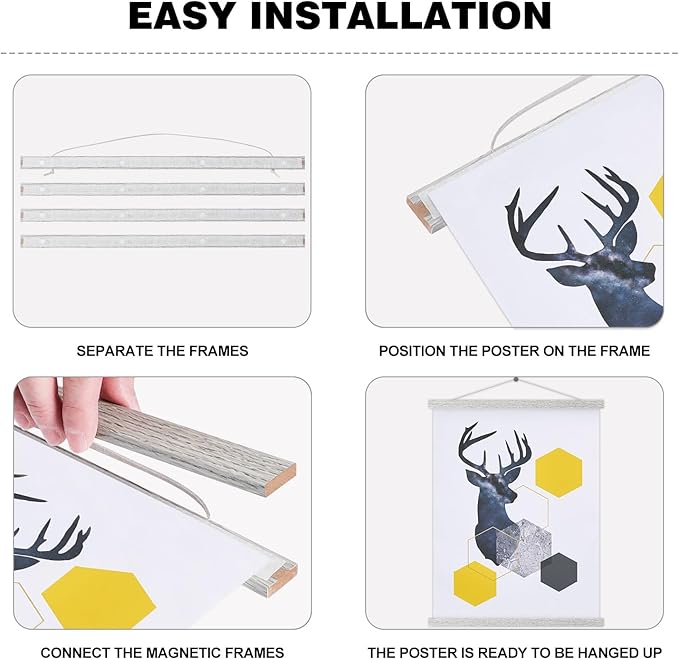 Magnetic Poster Hanger, 16x20 16x24 16x22 Poster Frame Wood Wooden Magnet Print Posters Dowel Scroll Hanger Hangers Hanging Kit for Walls Map Canvas Artwork (Grey, 16")