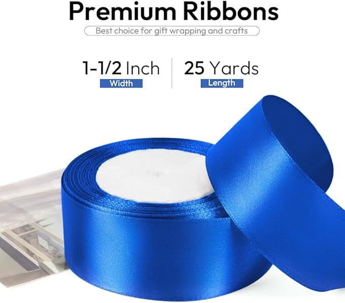 1-1/2 Inch 25 Yards Satin Ribbon Royal Blue, Solid Color Fabric Ribbon for Gift Wrapping, Wedding, Polyester Gift Ribbon for Birthday Party Decoration, Craft, Hair, Floral, Sewing