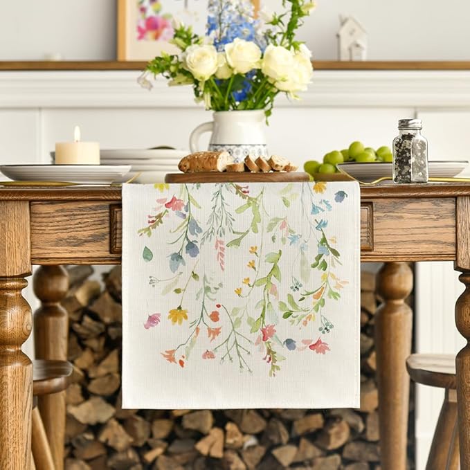 Artoid Mode Wildflowers Bloom Flowers Spring Table Runner, Seasonal Summer Floral Kitchen Dining Table Decoration for Home Party Decor 13x72 Inch