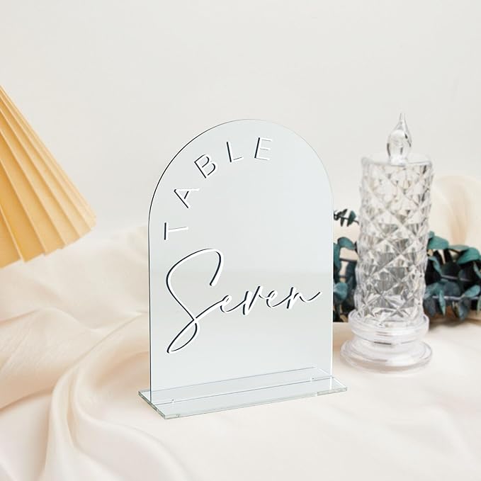 JINMURY Sliver Arch Wedding Table Numbers 1-15 with Stands, 5x7 Inch Acrylic Arch Sign with White Lettering, Sliver Mirror Acrylic Table Numbers for Wedding Reception