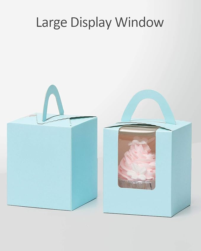 Cupcake Carriers 50 Pack Light Blue Auto-Pop Boxes with Holder Inserts
