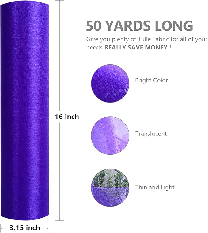 Crystal Organza Fabric Tulle - 16" by 50 Yards Sheer Fabric for Wedding Party Decoration Bridal Shower Tutu Roll Netting Spool Ribbon Wrapping (Dark Purple)