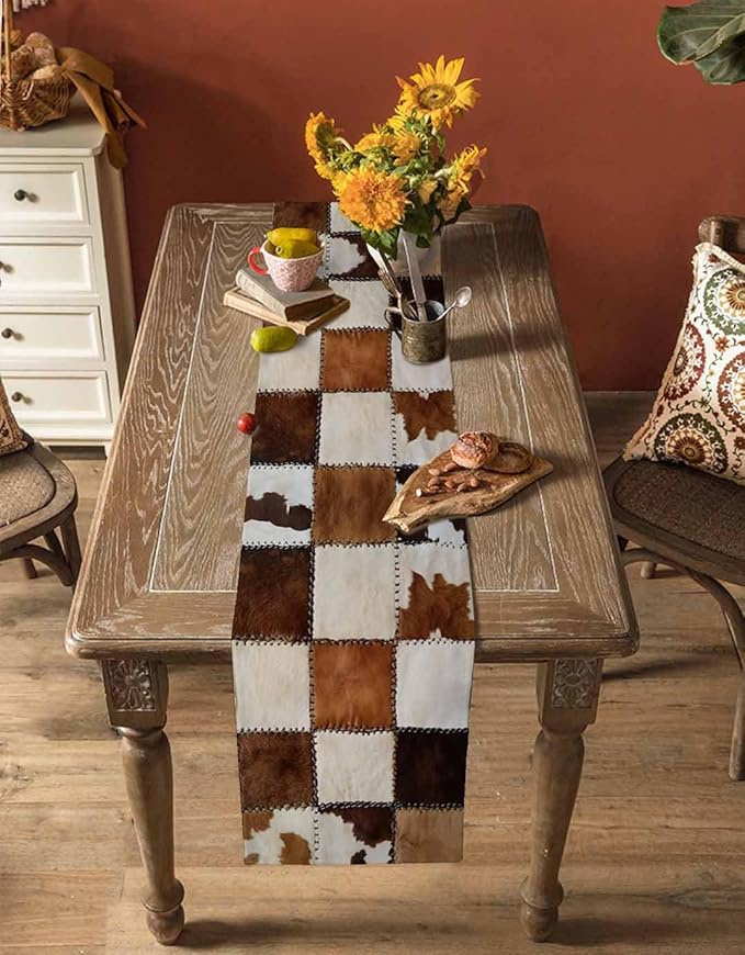 Abstract Cowhides Cotton Linen Table Runner for Dining Kitchen, Wedding Outdoor Party Tablerunners Decoration, Brown Beige Animal Fur Texture Dresser Scarf Coffee Tablecloth Runners 13x72 Inches