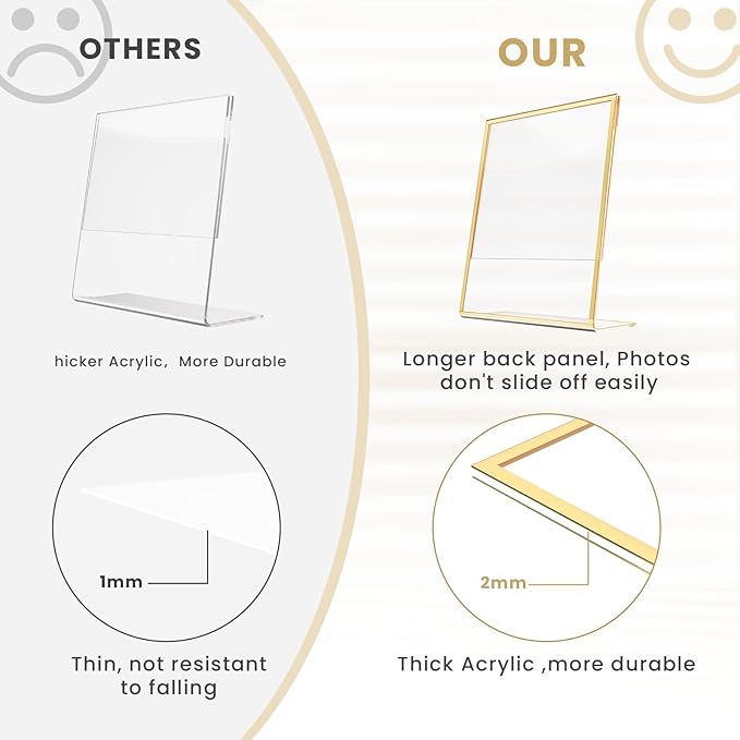 Acrylic Gold Frames 4X6, Slanted Back Gold Picture Frames Table Acrylic Sign Holder for Photos Wedding Table Numbers and Art Display with Removable Clear Sticky Dots，3 Pack
