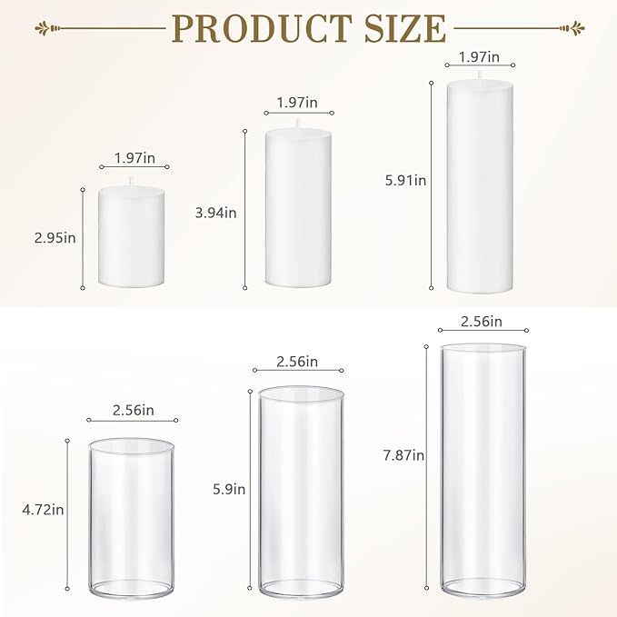 24 PCS White Pillar Candles with Glass Candle Holders Clear Hurricane Candle Holders Glass Cylinder Vases for Centerpieces Wedding Party, Event, Home Office (12 Candles+12 Candle Hoders)