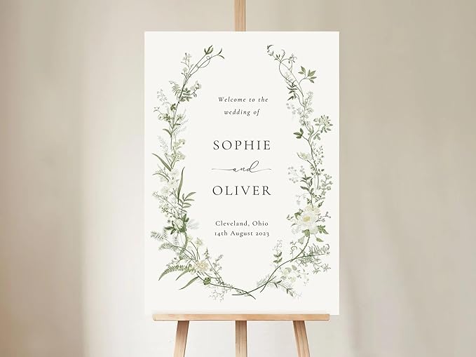Personalized Wedding Welcome Sign, Greenery White And Green Floral Wedding Sign Signage 12" X 18" (Small), 27" (Medium), 36" (Large), Plastic, Modern, Pole Mount, Weather