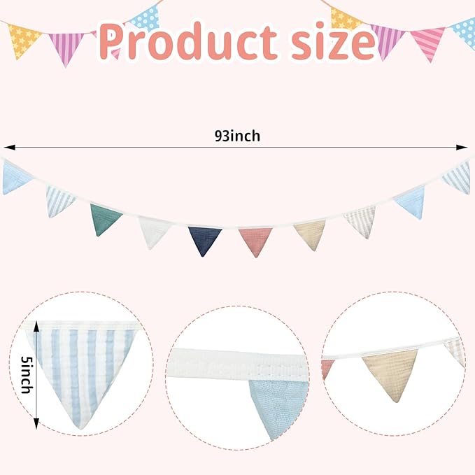 Banner Garland, 15 Ft Cotton Triangle Flags, Set of 2 Strips