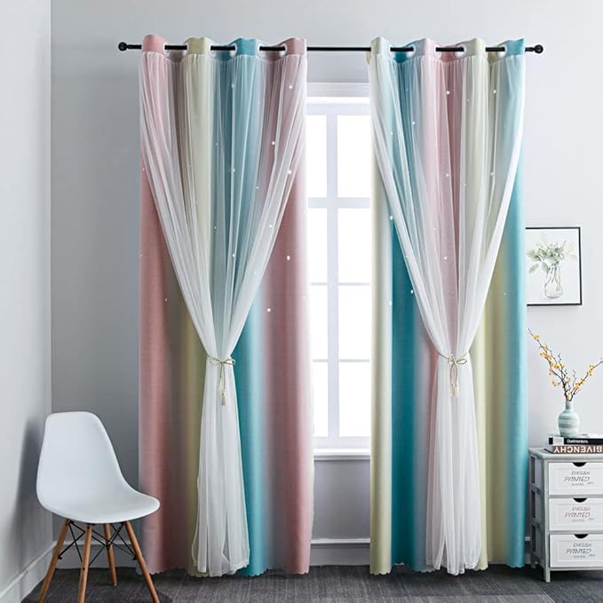 FANLI Ombre Rainbow Blackout Curtains for Kid Girls Bedroom Living Room Darking Stripe Double Layer Star Cut Out Wall Home Decor Gradient Grommet Window Curtains (Pink/Blue, 52W x 63L)