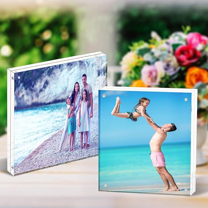HELPLEX Acrylic Frames, 2 Pack 4x4, 20mm Thicker Frameless Clear Frame, Double Sided Magnetic, Free Standing Desktop Display