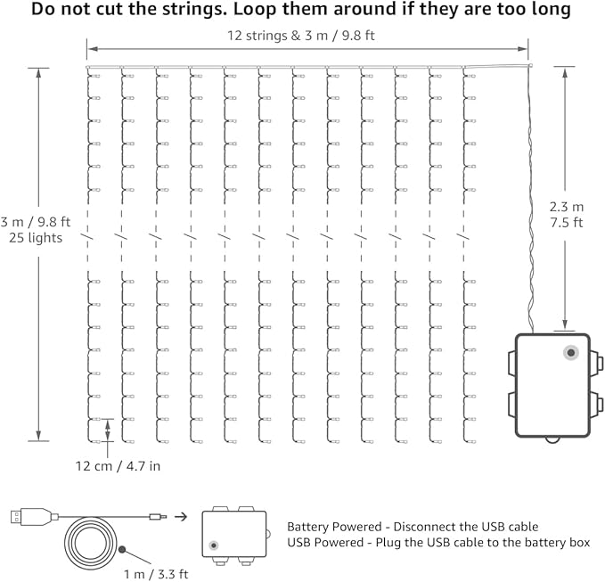 Indoor Fairy Curtain String Lights, 10x10 ft, Warm White, Battery or USB