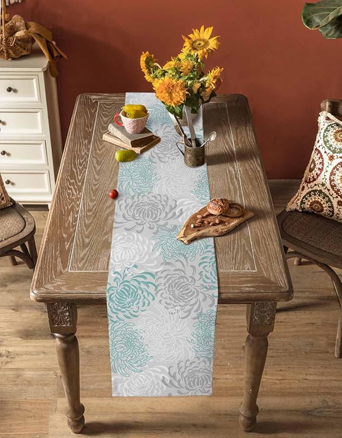 Auqa Chrysanthemum Cotton Linen Table Runner for Dining Kitchen, Wedding Outdoor Party Tablerunners Decoration, Farmhouse Floral Botanical Leaves Dresser Scarf Coffee Tablecloth Runners 13x60 Inches
