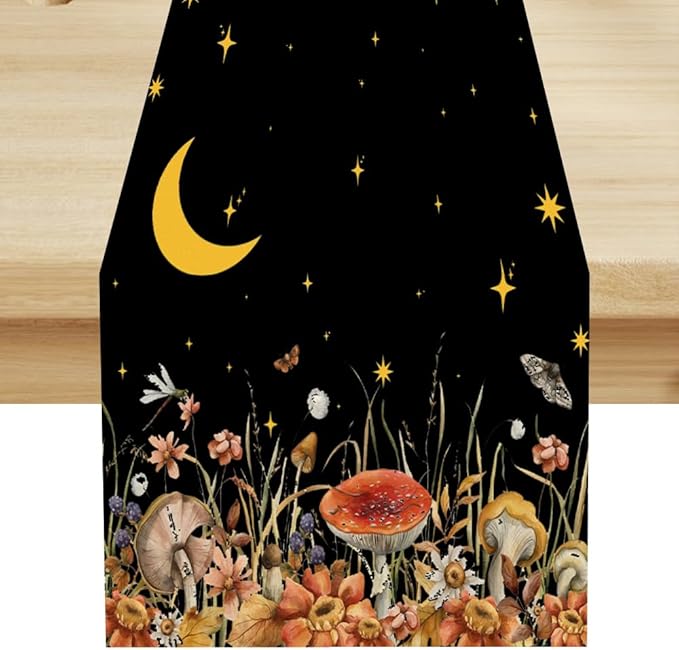 Mushroom Kitchen Table Runner, Gothic Moon Star Plants Witchy Moonlit Flower Butterfly Table Runner for Kitchen Party Living Room Drapes, 13x120 Inch Black