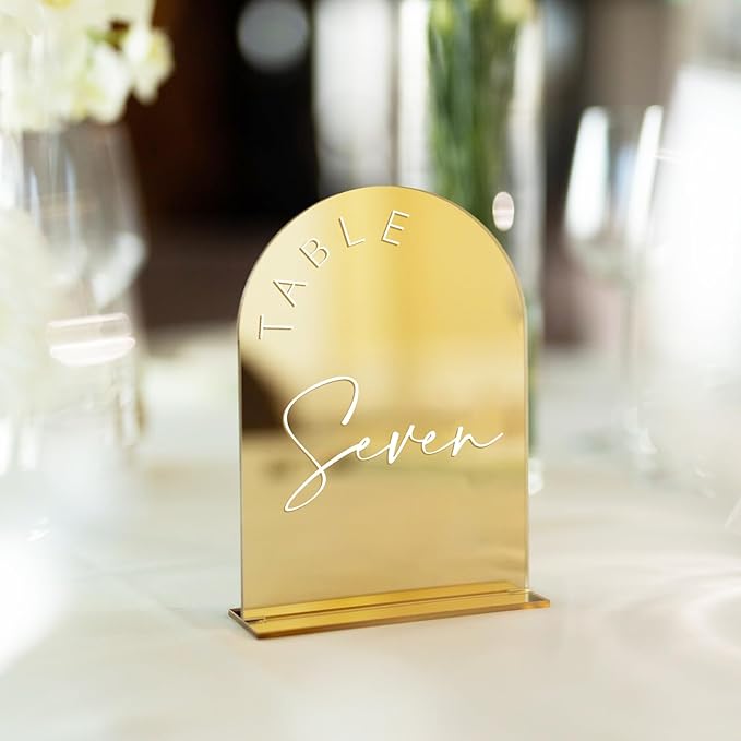 Place Cards: Gold Mirror Acrylic Arch Table Numbers 1-20, 5x7 Inch with Stands