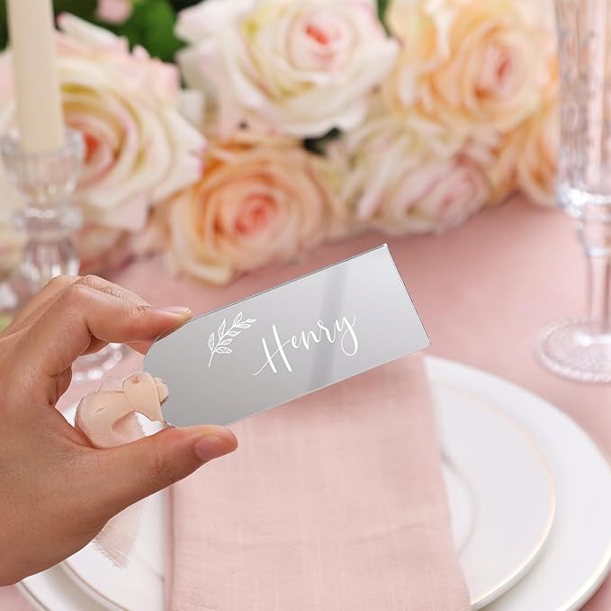 UNIQOOO 20 Pcs Mirror Silver Acrylic Place Cards, 3.9x1.6 inches DIY Blank Hanging Tags, Perfect for Wedding Table Decor, Birthday, Centerpiece, Decoration, Party, Anniversary, Event