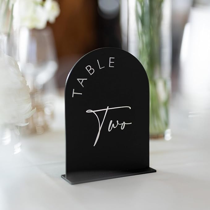 Table Number Place Cards 1-30, Black Acrylic Arch Design with Stands