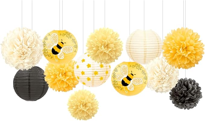 Tissue Pom Poms and Paper Lanterns, 12 Pieces, Yellow Bee Design