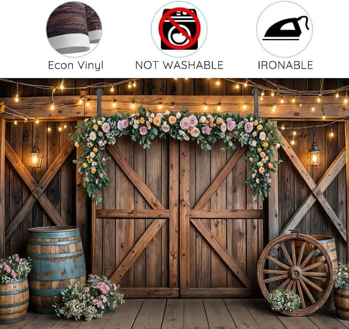 12x10ft Country Wedding Photography Backdrop Rustic Barn Door Photography Backdrop Farmhouse Pink Flower Cabin Wooden Birthday Baby Shower Wedding Bridal Party Banner Photo Booth Props Background
