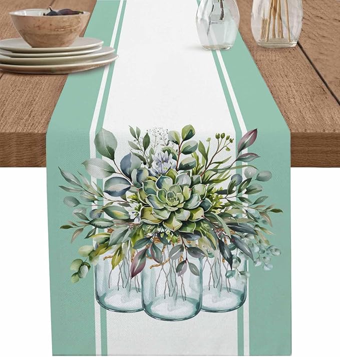 Eucalyptus Cotton Linen Table Runner for Dining Kitchen, Wedding Outdoor Party Tablerunners Decoration, Green Leaves Botanical Plants Watercolor Dresser Scarf Coffee Tablecloth Runners 13x108 Inches