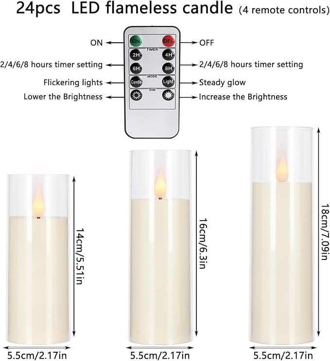 Set of 24 Flameless Led Battery Opeated (D2.2'' x H5''6''7'') Realistic Moving Wick Candles with 10-Key Remotes and Cycling 24 Hours Timer