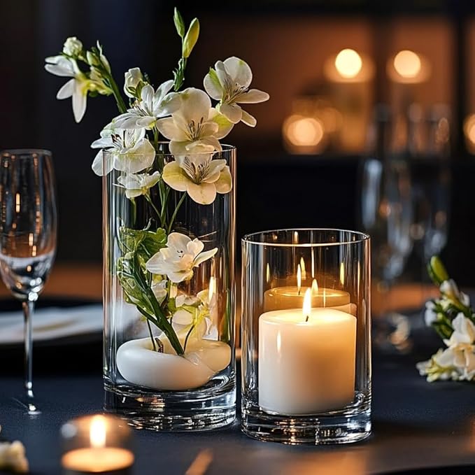 60pcs Cylinder Glass Vase for Centerpieces, 4,6,7.5,8,10 inch Tall Clear Flower Vase Bulk Floating Candle Holder for Wedding Table Home Décor and Party