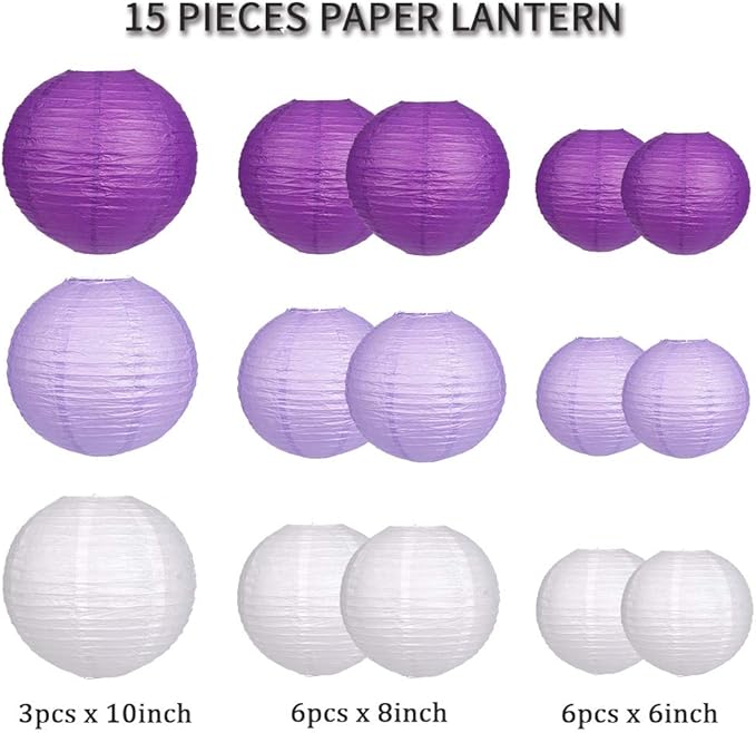 Paper Lanterns, 15 Piece Purple Lavender and White Rice Paper Set