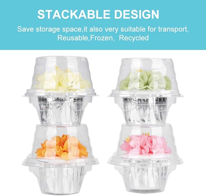 150 Pcs Cupcake Boxes Plastic Individual Cupcake Containers Single Cupcake Carrier with Connected Airtight Dome Lid for Party