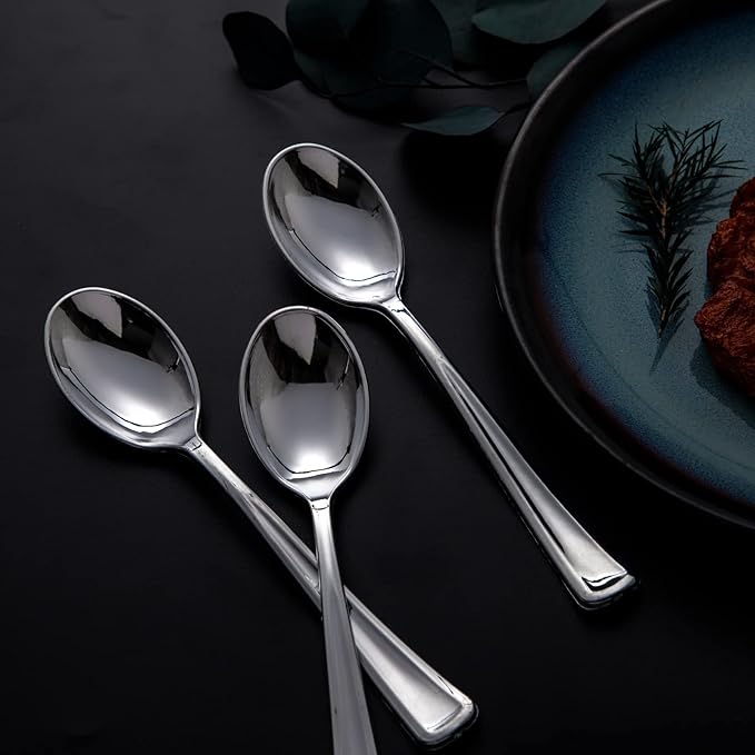 Silver Plastic Spoons, 200 Count Heavy-Duty Disposable Dessert Spoons