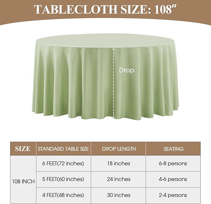 Round Polyester Tablecloths, Sage Green, 108 Inch, Pack of 6