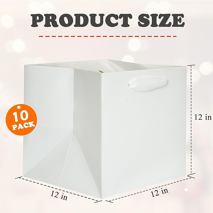 Gift Bags, 12x12 Inch White Square Bottom with Handles, Pack of 10